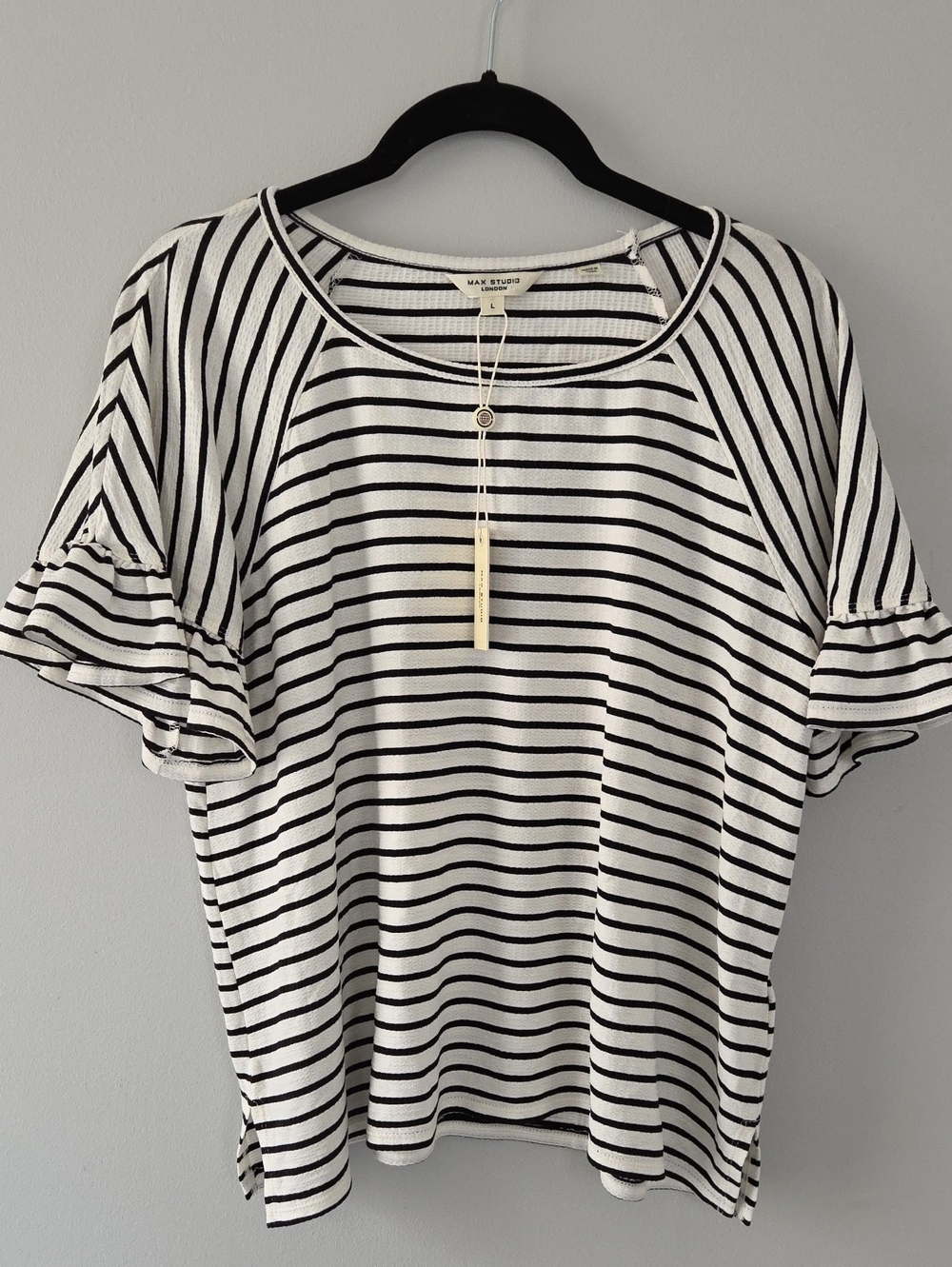 Max Studio White and Black Striped Ruffle Sleeve Tee